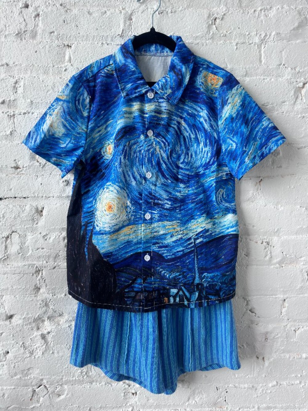 Kids Starry Night Inspired Button-Up Shirt & Blue Shorts Set, size 10T